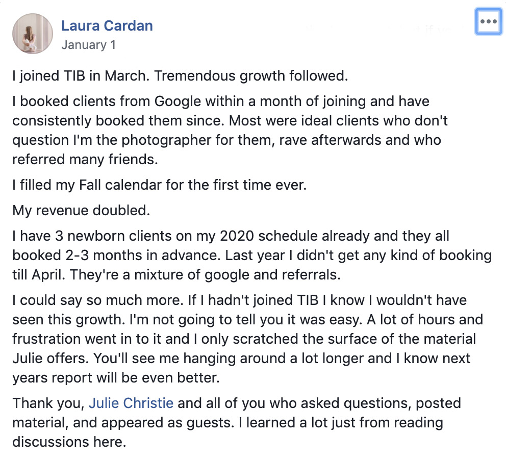 A testimonial from Laura about her huge growth after joining Togs in Business