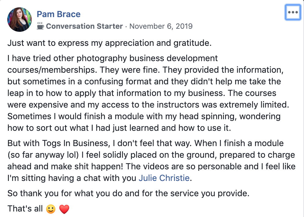 A testimonial from Pam about how much she loves the Togs in Buisness membership